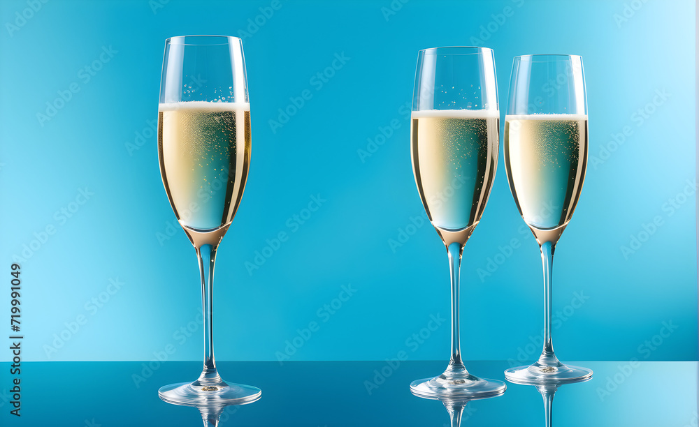 Three champagne glasses on a simple soft blue background, Valentine's Day, Christmas. Generative AI Three champagne glasses on a simple soft blue background, Valentine's Day, Christmas. Generative AI