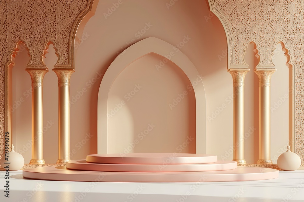 podium with ramadan background, mockup display stand for product presentation, hyper detailed, photorealistic, 16K, ultra realistic, no watermark - generative ai
