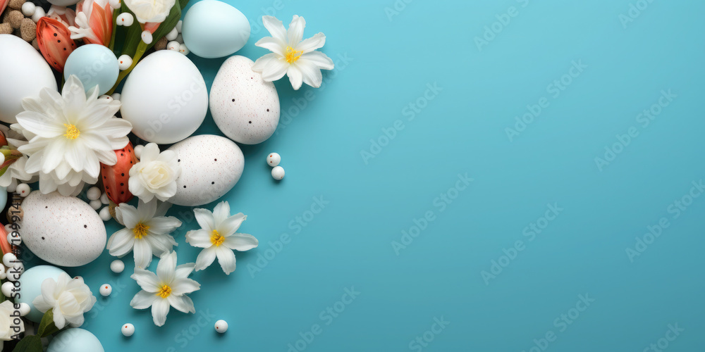 Easter poster and banner template with beautiful Easter multi-colored eggs and flowers.Promotion and shopping template for Easter. Beautiful easter promotion banner.Top view, flat lay.Space for text