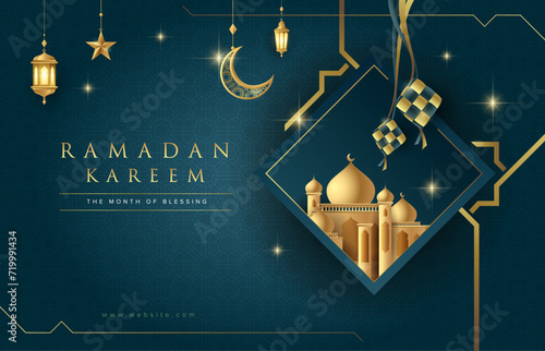 Ramadan Kareem elegant design on blue Islamic background with gold ornament star, moon, mosque, lanterns and islamic element. Suitable for raya and ramadan template concept.