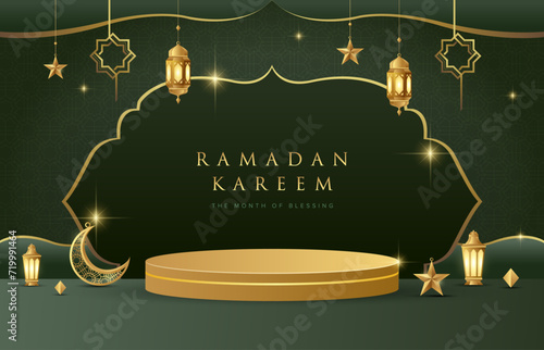 Ramadan Kareem design on green Islamic background with gold ornament star, moon, lanterns and gold podium. Suitable for raya and ramadan template concept.