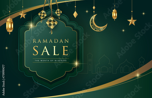 Ramadan Kareem design on green Islamic background with gold ornament star, moon, mosque, ketupat and lanterns. Suitable for raya and ramadan template concept.
