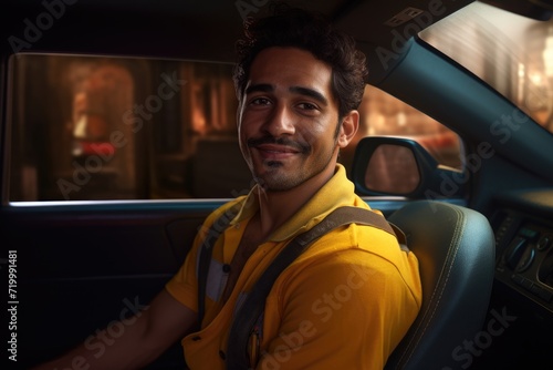 Smiling Latin man starts work as taxi driver on app. © darshika