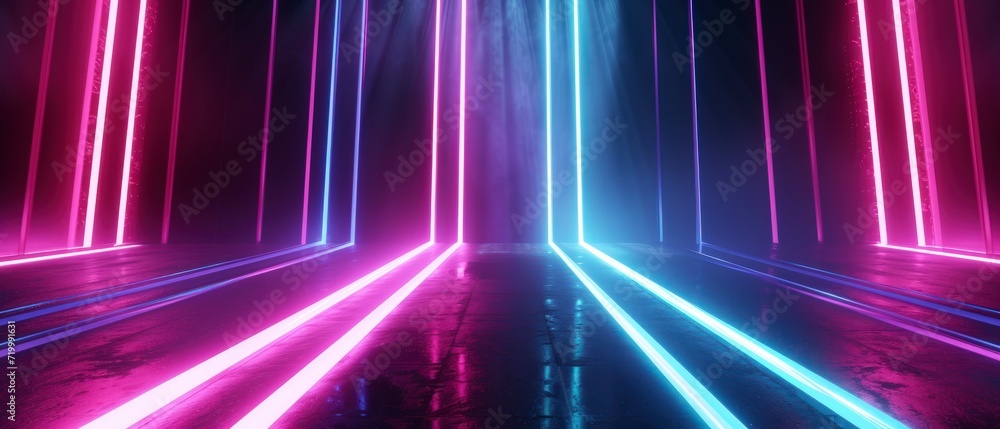 Fototapeta premium abstract neon background with ascending pink and blue glowing lines, vibrant and colorful laser rays.
