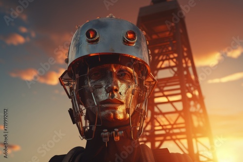 Helmetwearing engineer protects telecom tower at sunset. photo