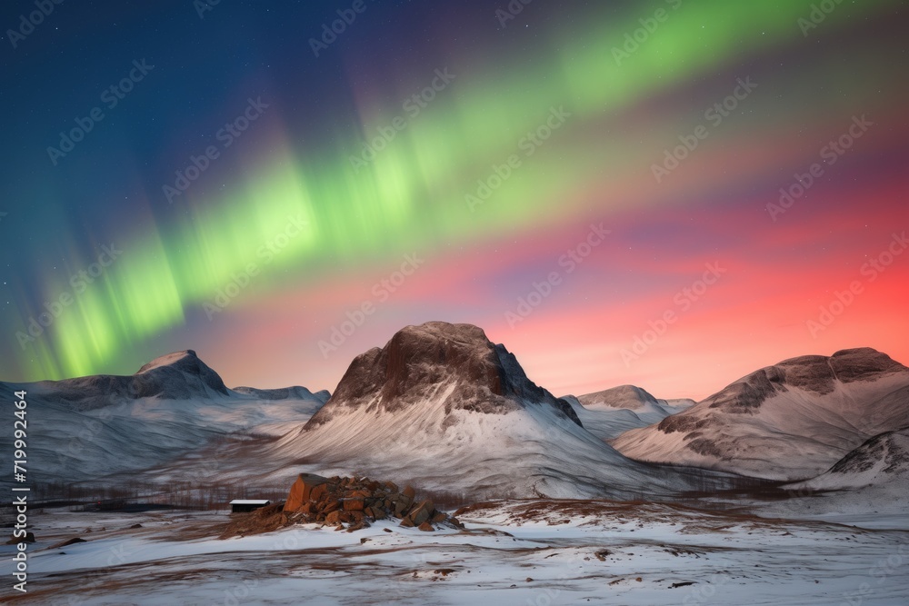 Naklejka premium display of red and green aurora over a desolate mountain range
