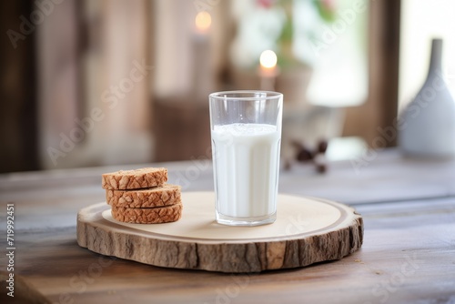 almond milk glass with vegan cookies on a rustic table photo