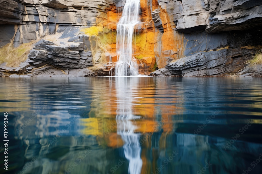 waterfall reflected in a still water surface waterfall reflected in a still water surface