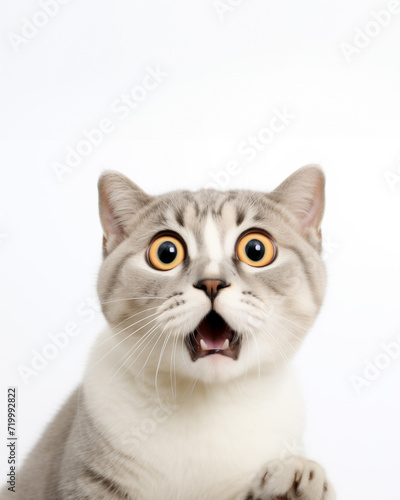 Scottish fold cat terrified act looking at camera on white background
