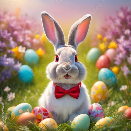 Funny Easter bunny with red bow tie and sunglasses on pink background with colorful easter eggs