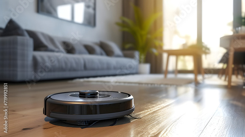 Robot vacuum cleaner cleans a room at home