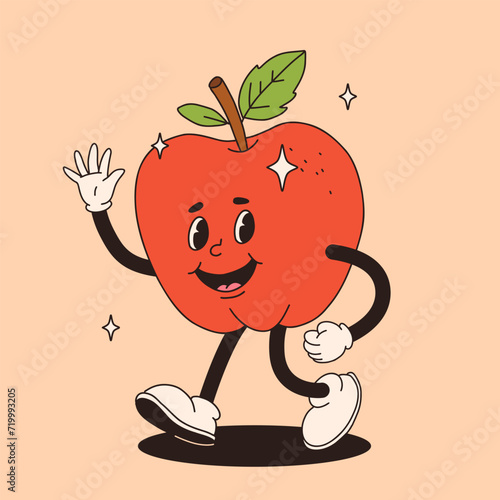 Groovy apple mascot. Funky retro character. cartoon apple, smiling, walking. Funny vintage trendy style character. Doodle Comic collection