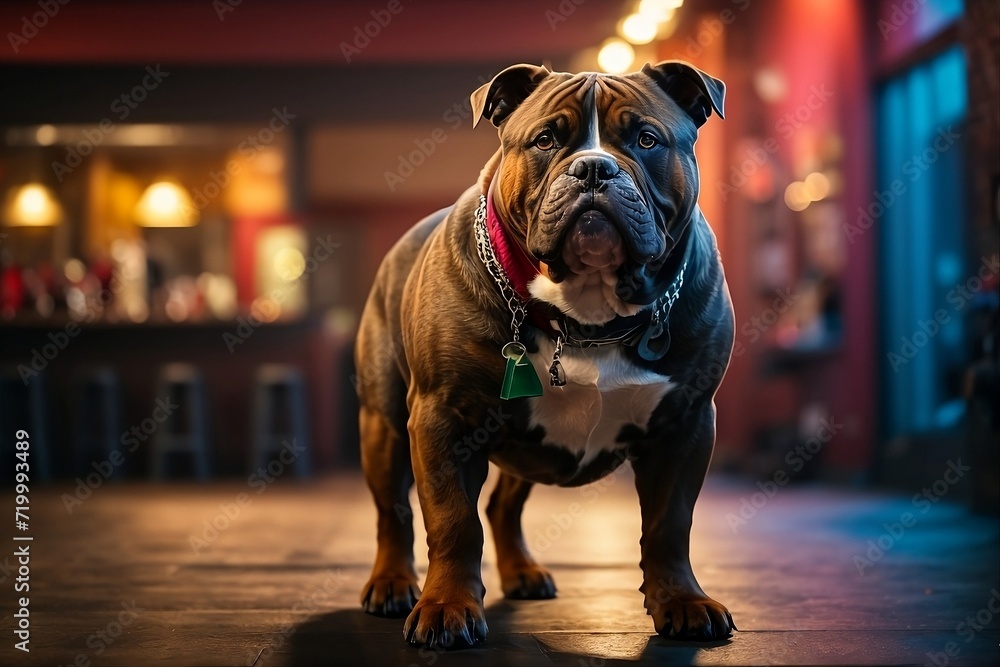 A majestic American Bully stands tall and proud, its muscular frame glistening in the vibrant, colorful background.