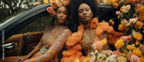 Portrait of two African women among flowers in retro style