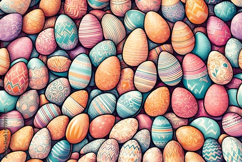 A symphony of interlocking Easter eggs unfolds in a retro-style illustration, creating a seamless pattern that radiates with creative energy in pastel colors.