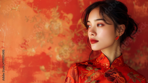 Portrait of a graceful young woman dressed in a luxurious red cheongsam with exquisite embroidery, set against a textured red backdrop.