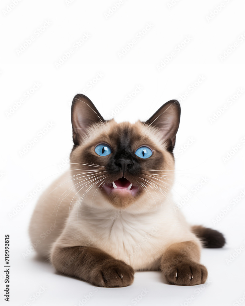 Siamese cat with blue eyes laying down on white background