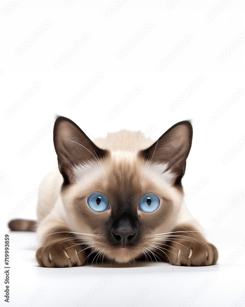 Siamese kitten with blue eyes crouching on white background