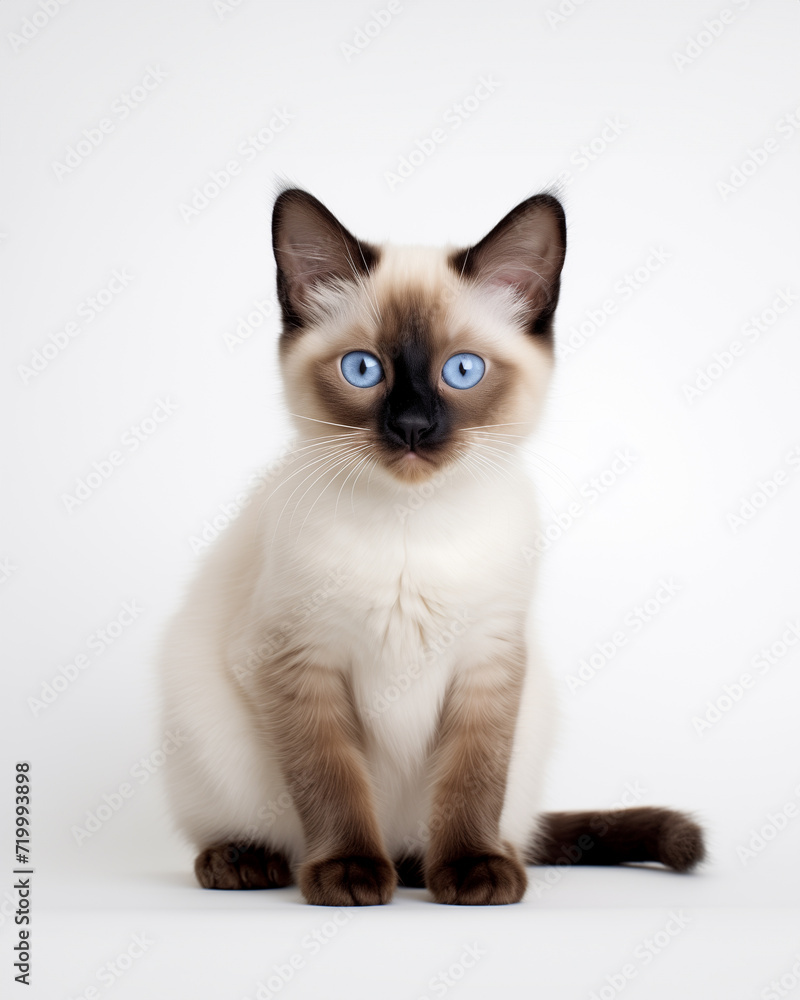 Siamese kitten with blue eyes sitting on white background