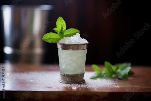 mint julep in pewter cup with crushed ice photo