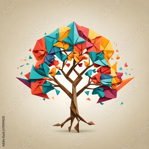 abstract origami tree with colorful leaves
