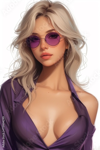 beauty blonde in purple dress wearing purple glasses, in the style of deconstructed tailoring