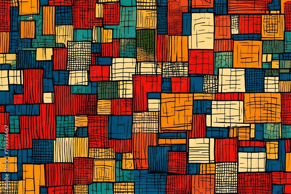 Dynamic and sophisticated, an abstract print comes to life with squares, forming a seamless pattern against a backdrop of vibrant primary colors in retro style. Dynamic and sophisticated, an abstract print comes to life with squares, forming a seamless pattern against a backdrop of vibrant primary colors in retro style.