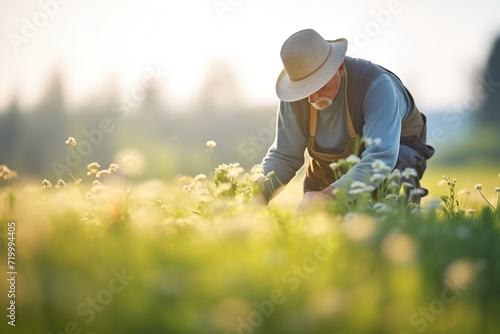 farmer harvesting wildflowers in a sunlit field
