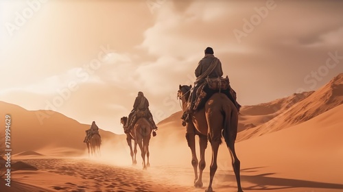 People riding camels in the desert for travel photo