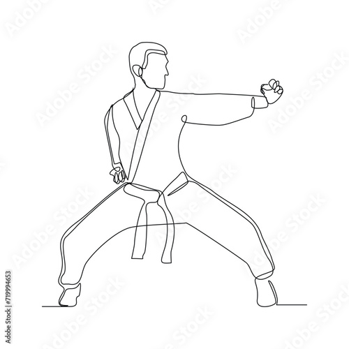Continuous single line sketch drawing of young man confident karateka in kimono practicing karate combat. One line traditional martial art sport training concept Vector illustration