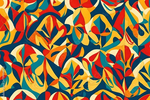 A symphony of creativity unfolds as abstract shapes dance together in a seamless pattern, radiating with the timeless charm of retro-inspired primary colors.