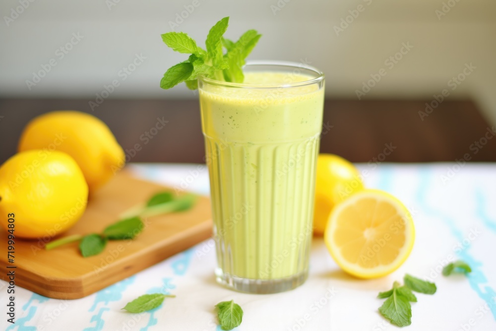 Fototapeta premium glass of lemon and mint detox smoothie, lemon wedge decoration