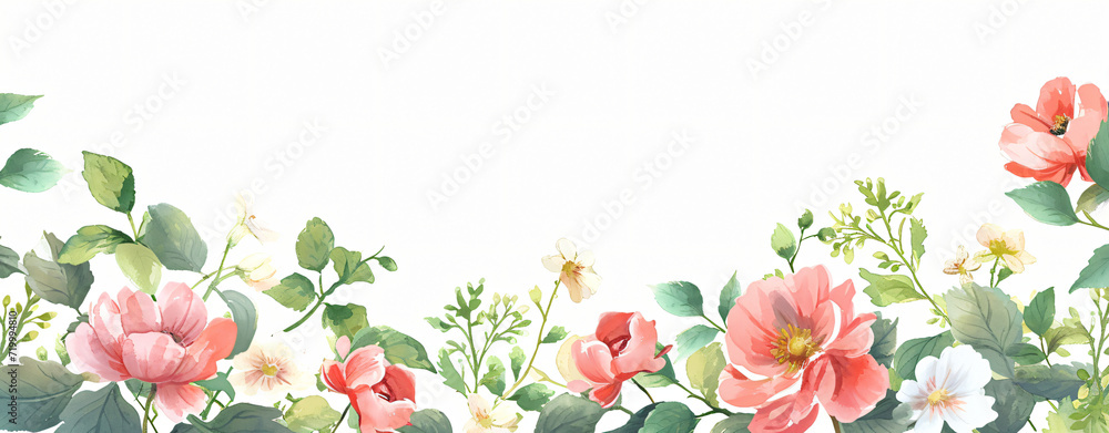 Flowers and leaves horizontal background.