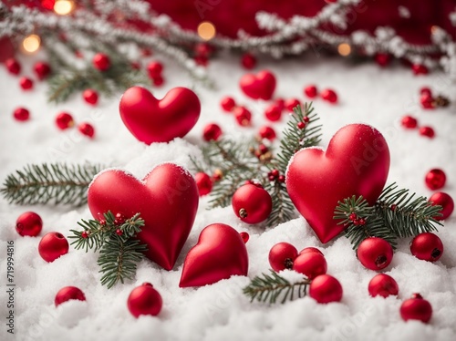 Red hearts, fir tree branch and red berries on snow background. Saint Valintine's composition ai photo