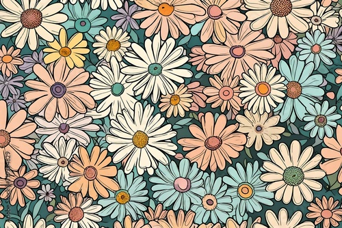 A burst of pastel-colored daisy flowers unfolds in HD  creating a trendy seamless pattern reminiscent of vintage 70s grooviness.