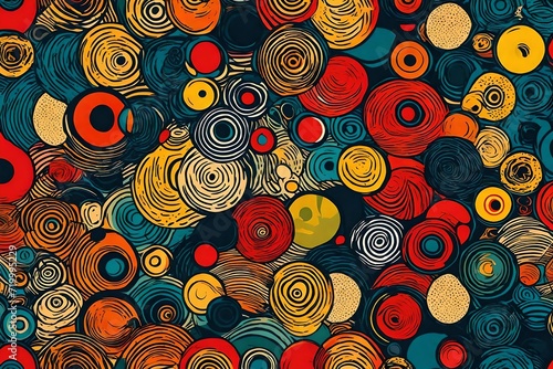 Dynamic and sophisticated, an abstract print comes to life with circles, forming a seamless pattern against a backdrop of vibrant primary colors in retro style.