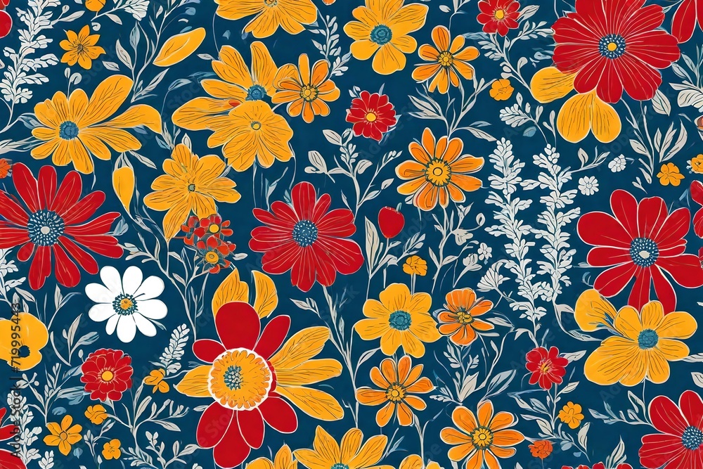 A dance of flowers takes center stage, creating a retro-style print with a seamless pattern that celebrates creativity in vibrant primary colors.