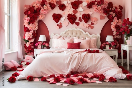 Bedroom roses, hearts, and tables in celebration of Valentines Da
