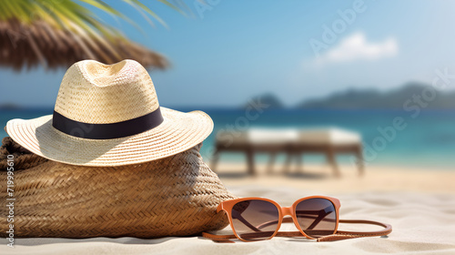  Sun hat and sunglasses on a pristine beach  with a serene ocean and a thatched hut in the background  epitomizing tropical paradise