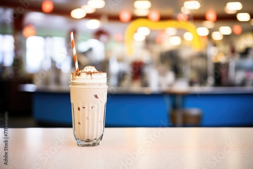 classic diner scene with a chocolate milkshake in front