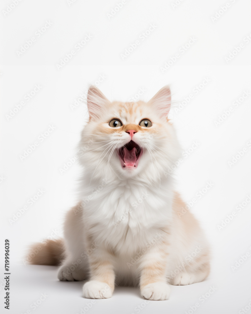 Fluffy cat yawning on white background