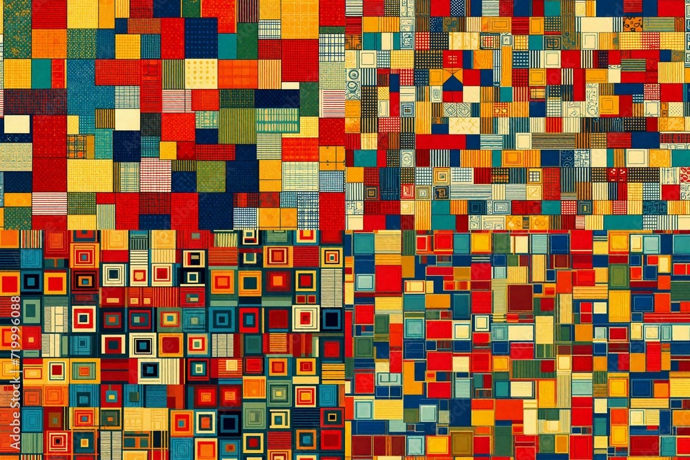 Squares of retro elegance converge in an illustration, crafting a seamless pattern with vibrant primary colors in a captivating arrangement. Squares of retro elegance converge in an illustration, crafting a seamless pattern with vibrant primary colors in a captivating arrangement.