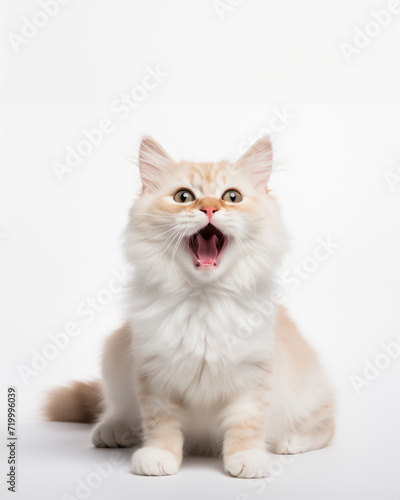 Fluffy cat yawning on white background