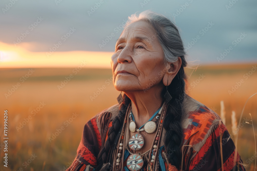 Old Indigenous woman on sunset in preries, wisdom and cultural heritage concept Old Indigenous woman on sunset in preries, wisdom and cultural heritage concept