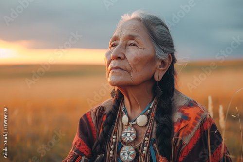 Old Indigenous woman on sunset in preries, wisdom and cultural heritage concept photo