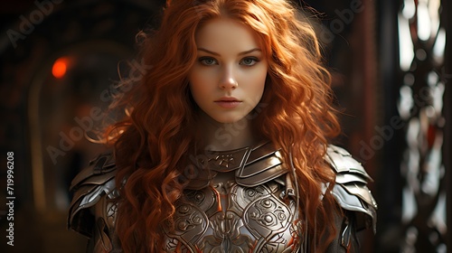red-haired young woman in knight armor looking into the camera
