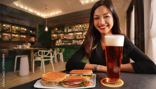 Donna mora sorridente seduta in un bar photo