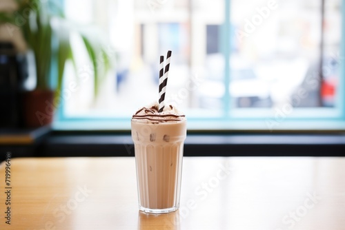 chocolate milkshake with a striped paper straw on a tray