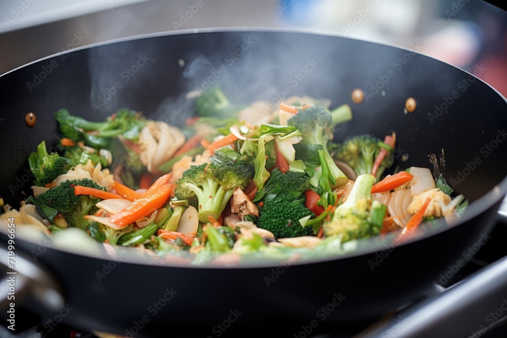 stirfry veggies sizzling on a food truck wok stirfry veggies sizzling on a food truck wok