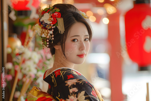 a beautiful japanese girl wearing traditional dress for new year event